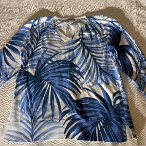 Talbots V Neck Pullover V Neck Soft Thin Sweater Top Watercolor Palm Leaves.Sz L